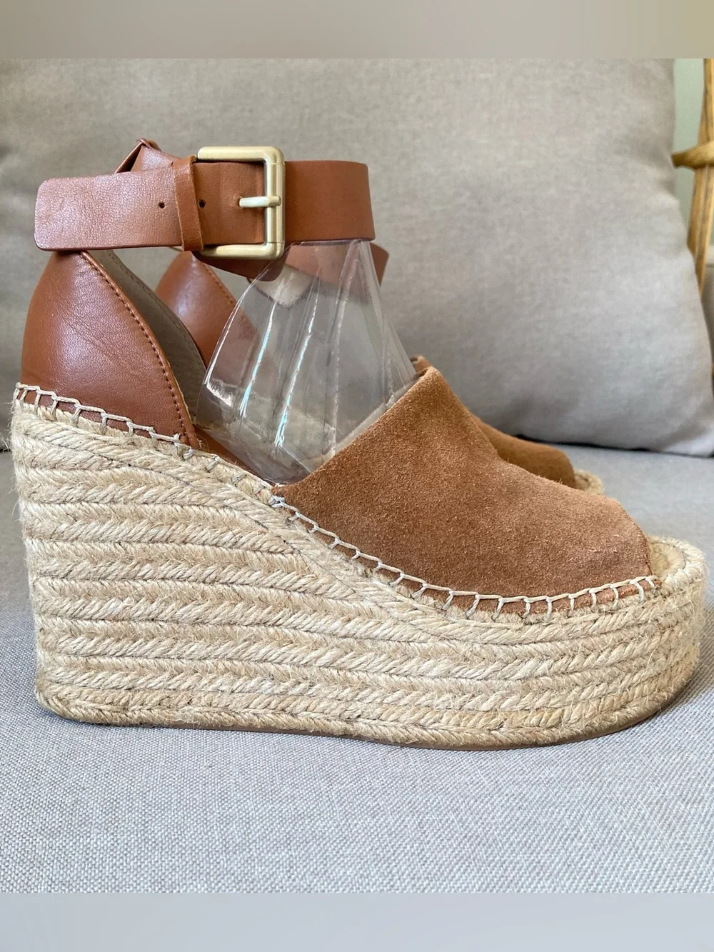 Marc Fisher LTD Adalyn Cognac Suede Leather Espadrille Platform Wedge Sandal 7.5